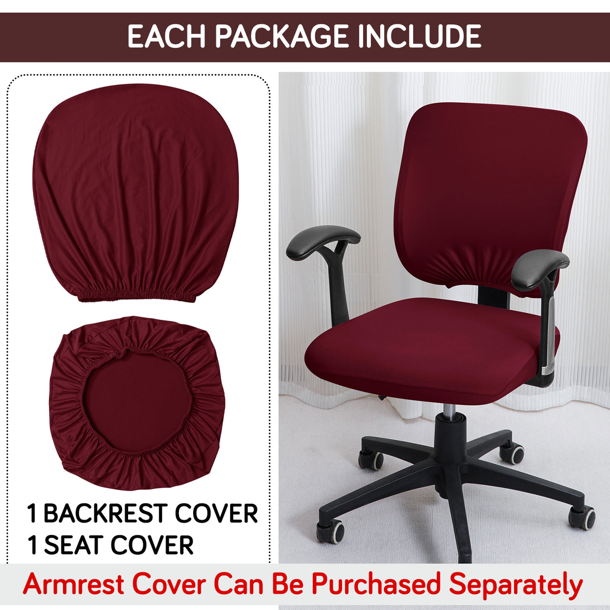 Office Chair Cover for Task Chair – 140 GSM Stretchable Fabric – Washable & Anti-Slip – Fits Small Office Chairs Without Headrest, Burgundy