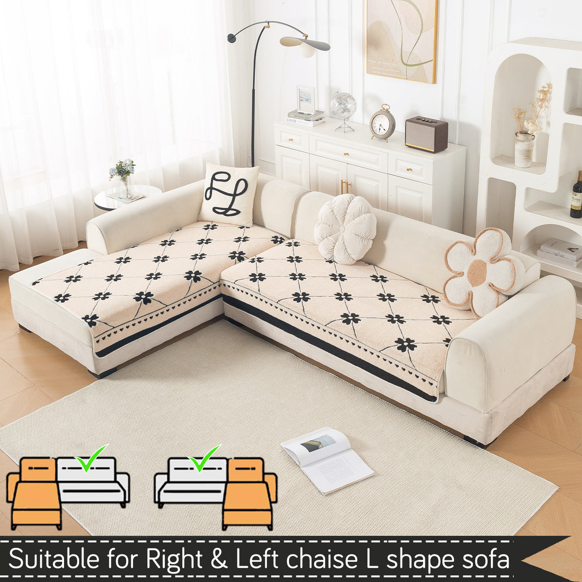 Luxury Plush Sherpa Anti Slip Combination Sofa Mat, 'Noirea Series'|Floral Lattice