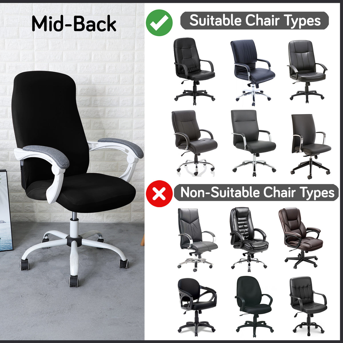 Office Chair Cover for Desk Chair (Mid-Back) – 140 GSM Stretch Fabric – Washable, Durable & Anti-Slip – Fits Mid-Back Office Chairs, Black