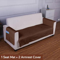 Quilted Sofa Cover Set with Seat Mat and Armrest Covers with Pockets, Dark Brown