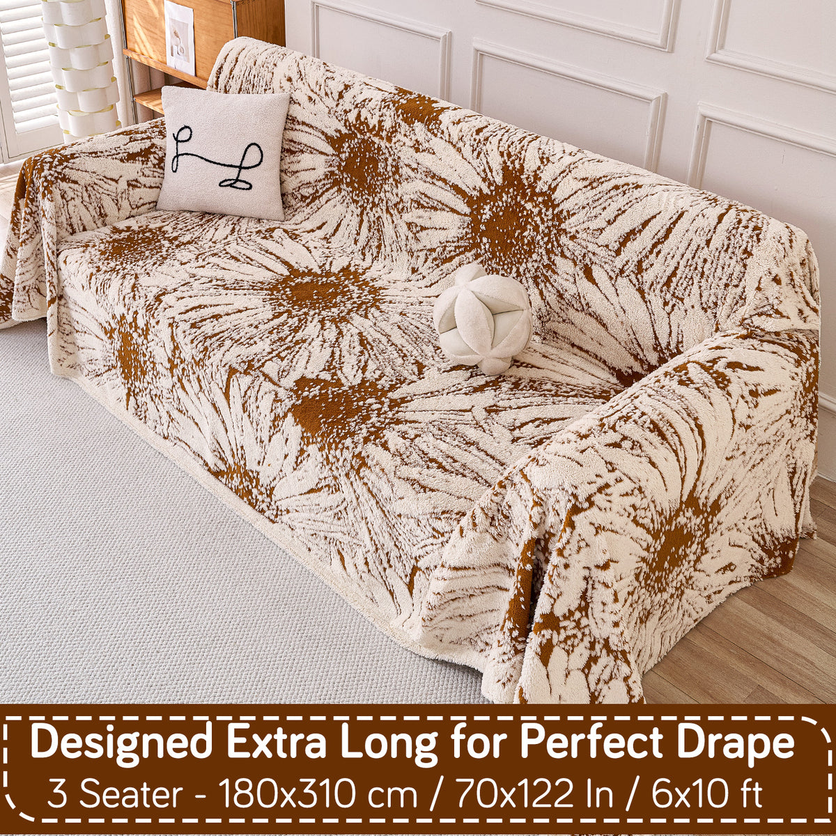 Buy Autumn Brown Colour DaisyBloom Series Luxury Plush Sofa Throw – 3 Seater Sofas | HOKIPO