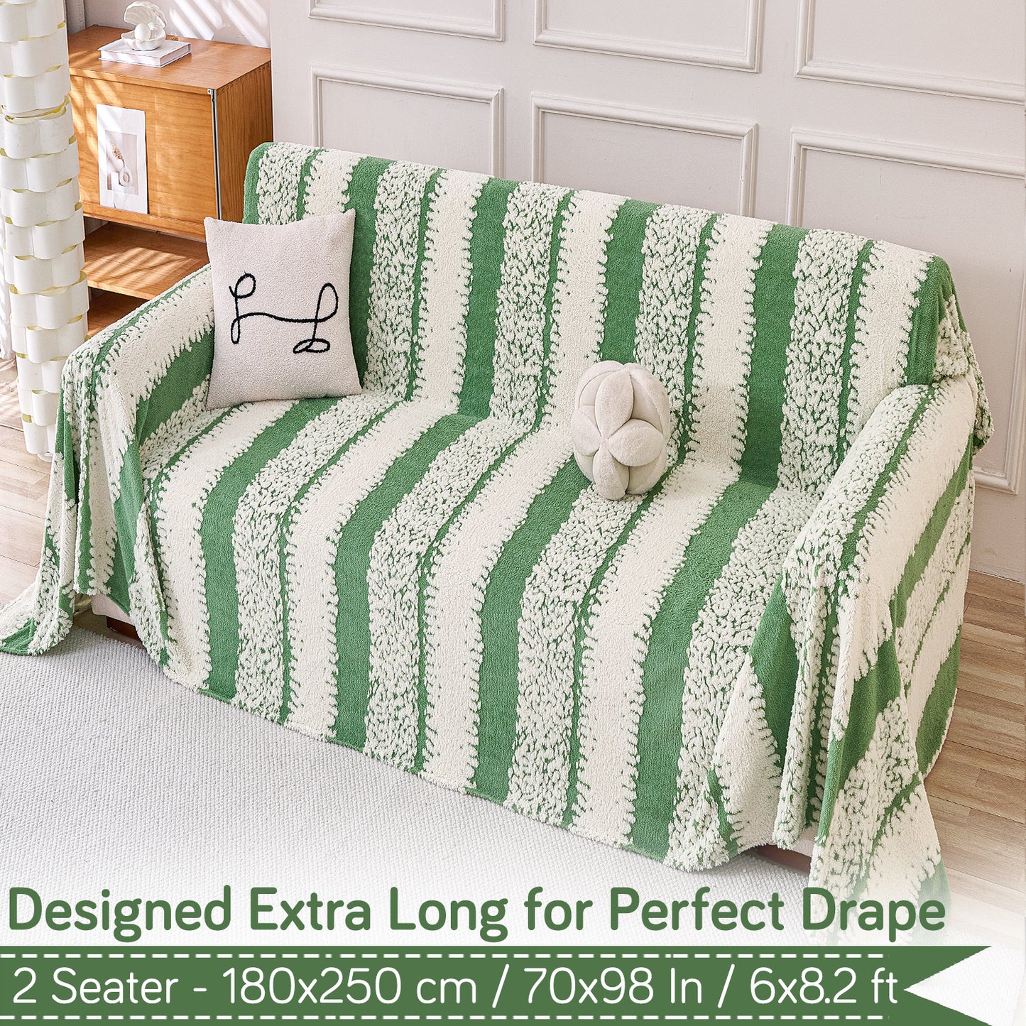 Buy Pistachio Green Colour Luxury Wavy Plush Sofa Throw – 2 Seater Sofas | HOKIPO