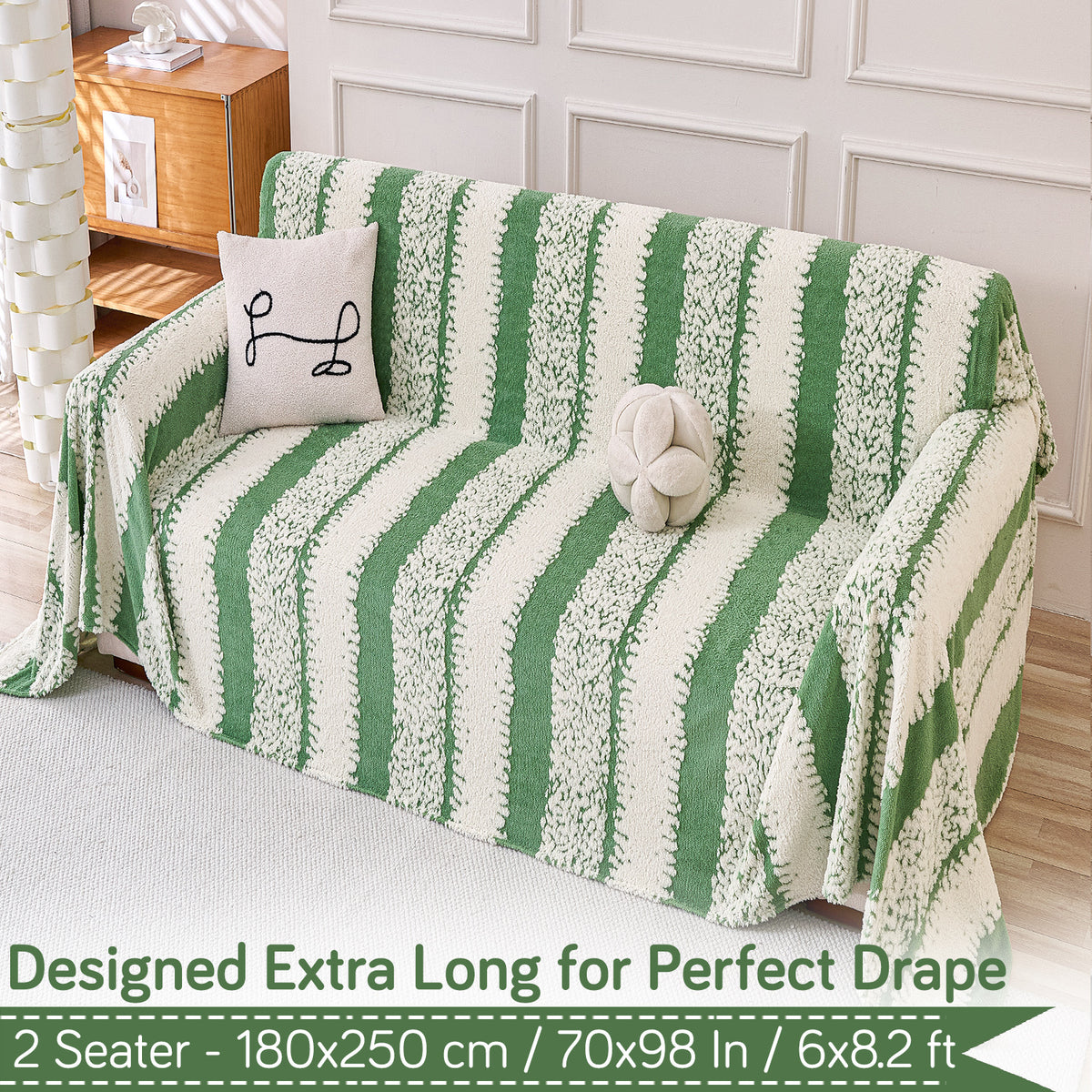 Buy Pistachio Green Colour Luxury Wavy Plush Sofa Throw – 2 Seater Sofas | HOKIPO