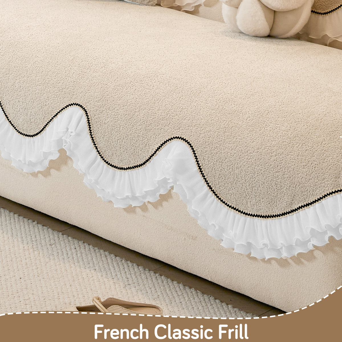 French Classic Frill Wavy Sofa Cover Mat, Champagne Beige