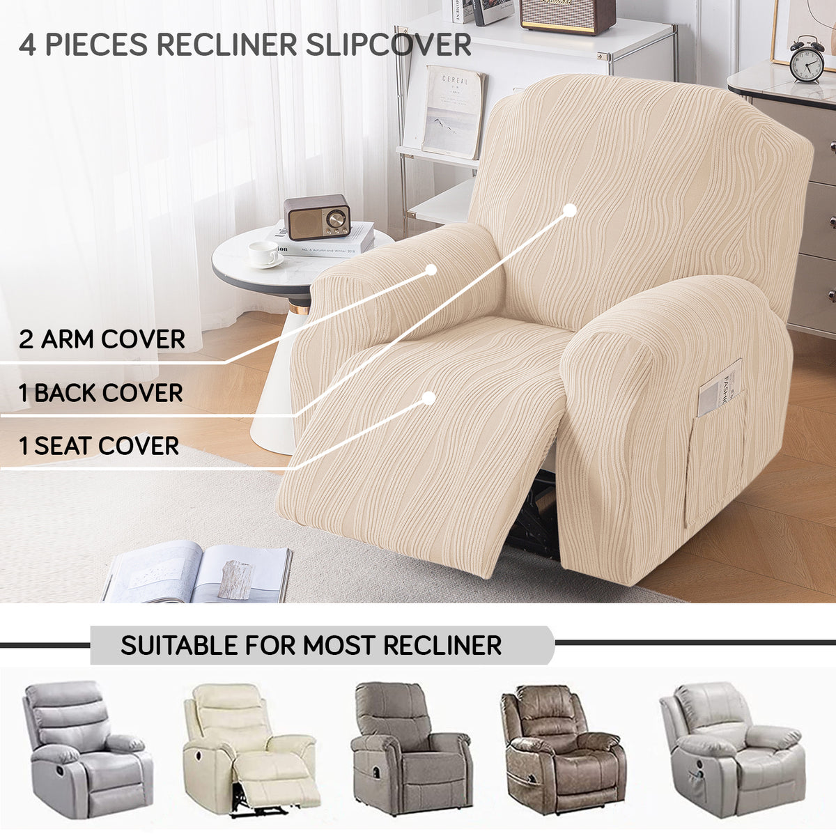 Buy Skimmed Cream Colour nestiva series knitting Jacquard 4 Pieces Recliner Slipcover | HOKIPO
