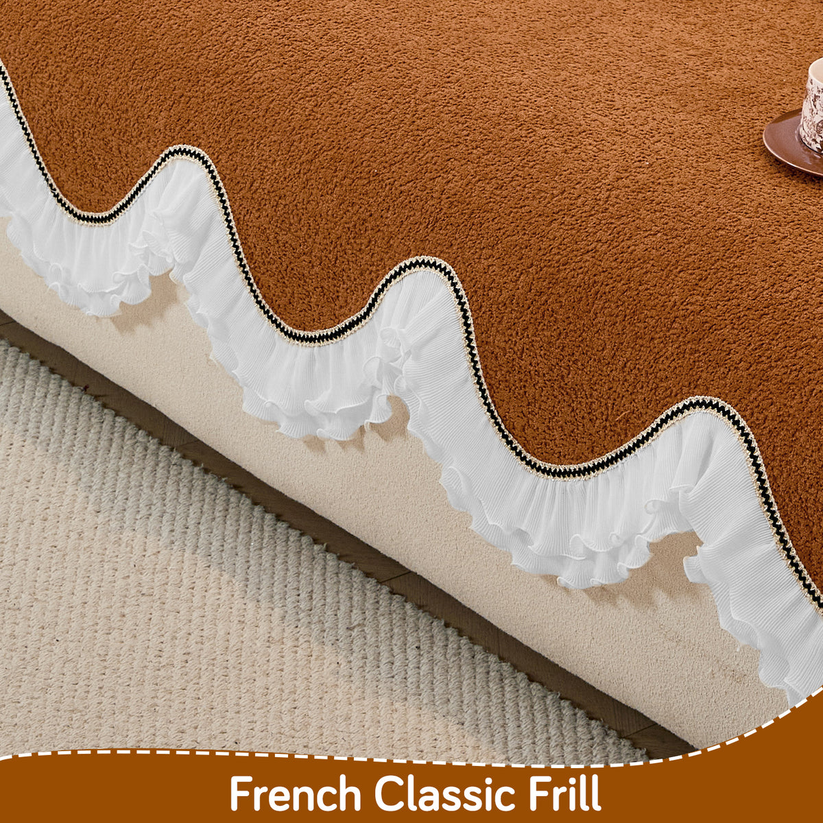 French Classic Frill Wavy Sofa Cover Mat with Curve & Lace - Copper Orange