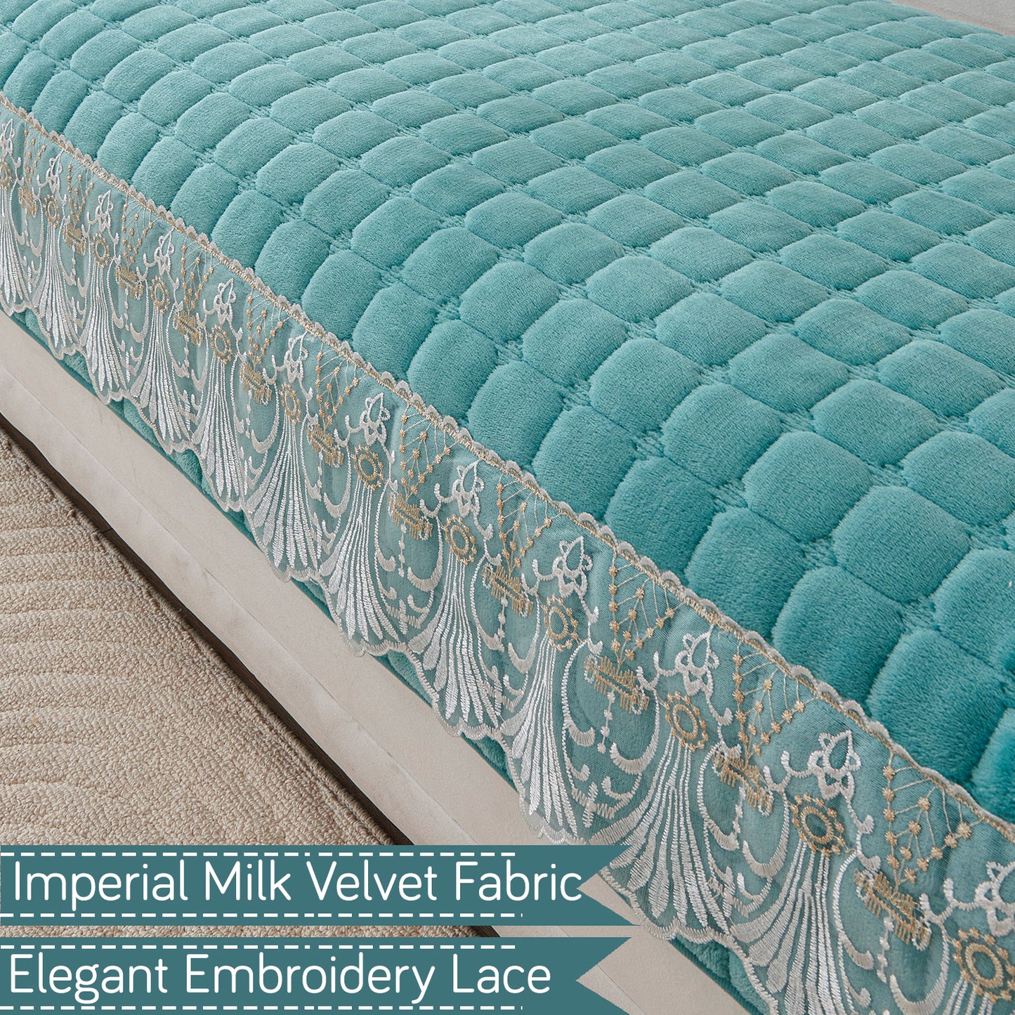 BelleLace Series Imperial Milk Velvet L Shape Sofa Cover Mat with Lace Design - Teal