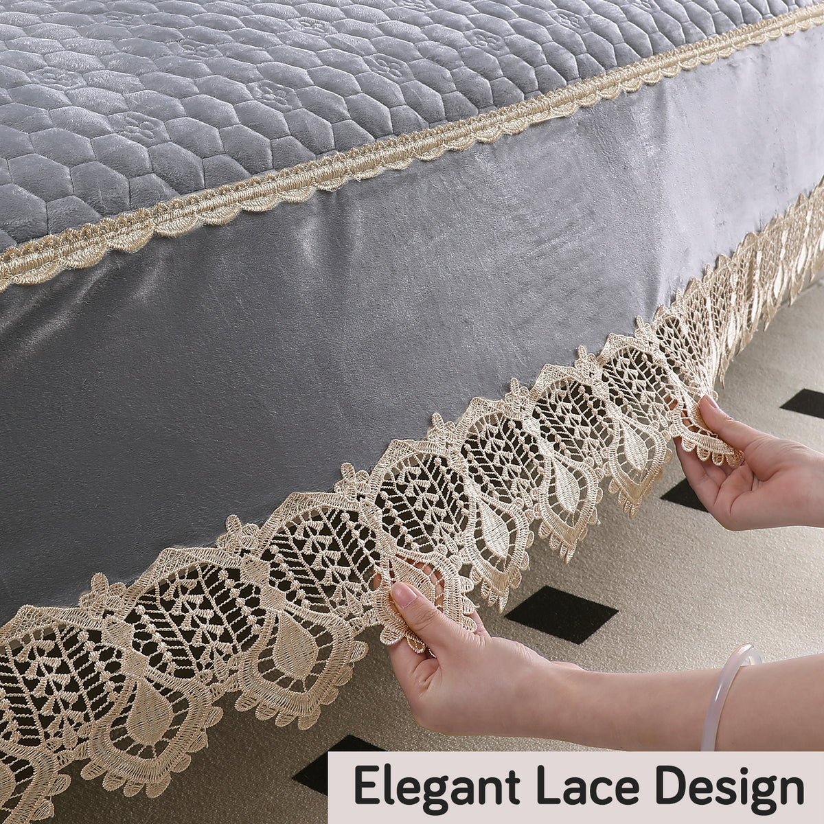 Dutch Noir Velvet with Lace Sofa Cover Mat, Light Grey