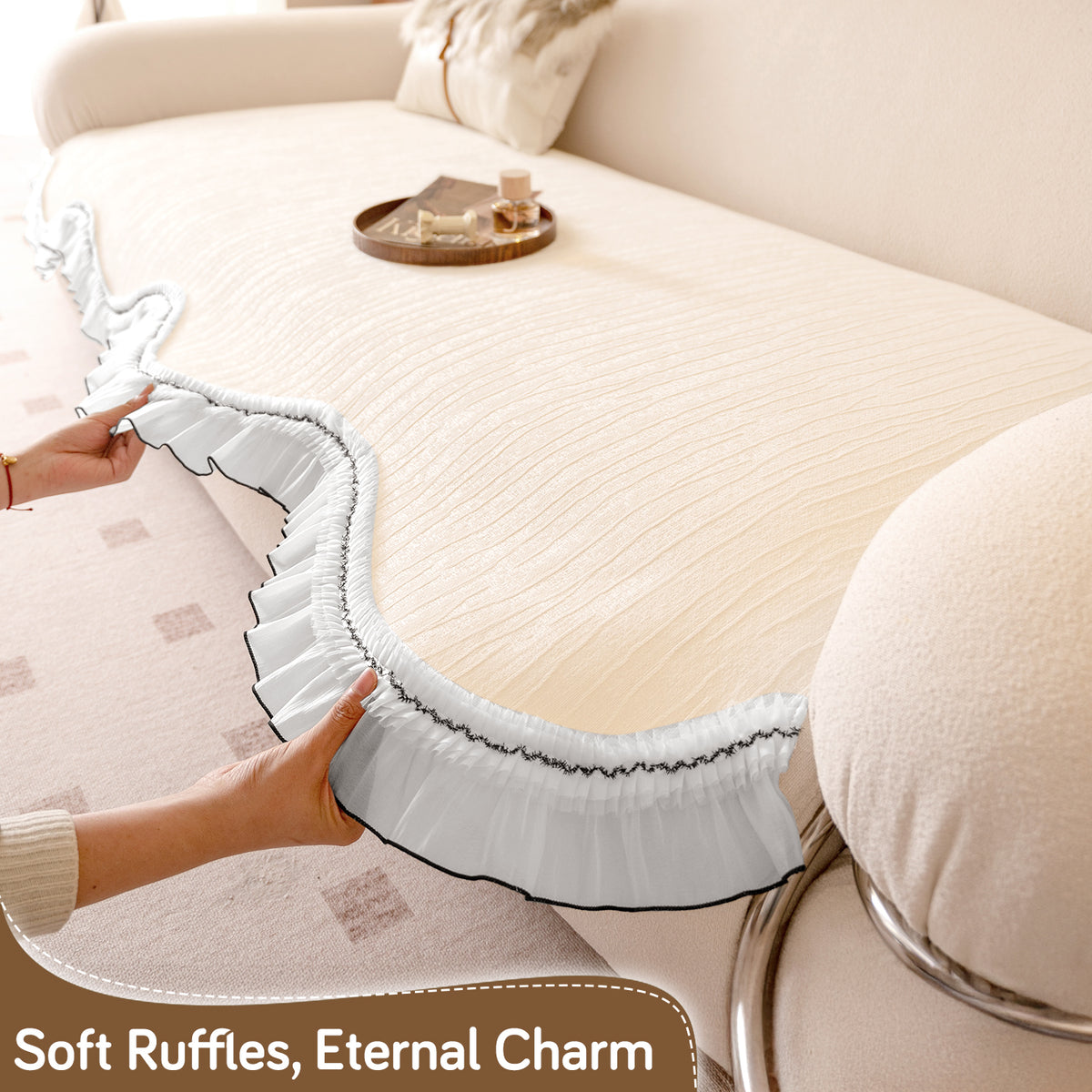 French Lace & Luxe with White Ruffle Edge Sofa Cover Mat, Pearl Sheen White