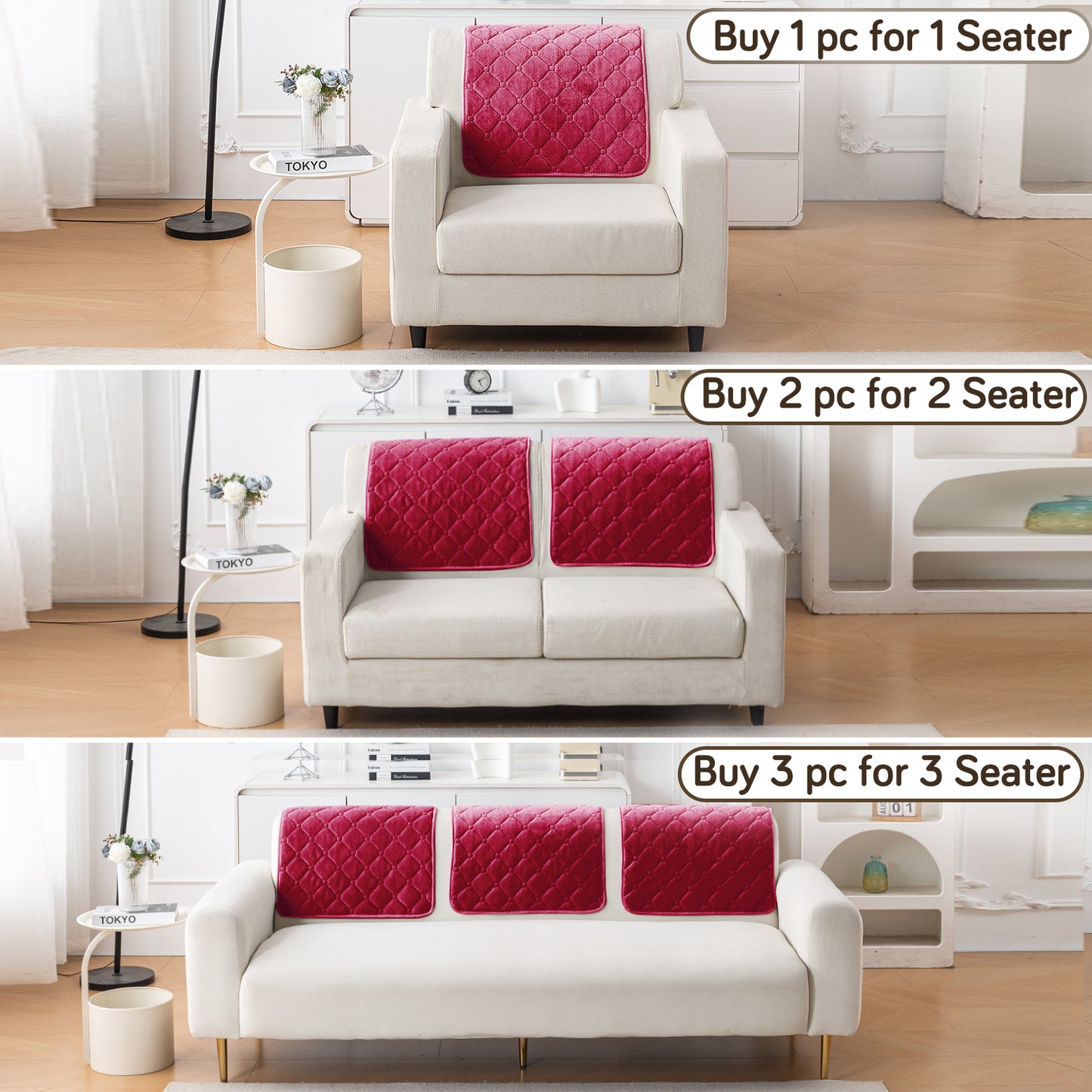 Diamond Tuft Plush Sofa Cover Mat, Raspberry Red