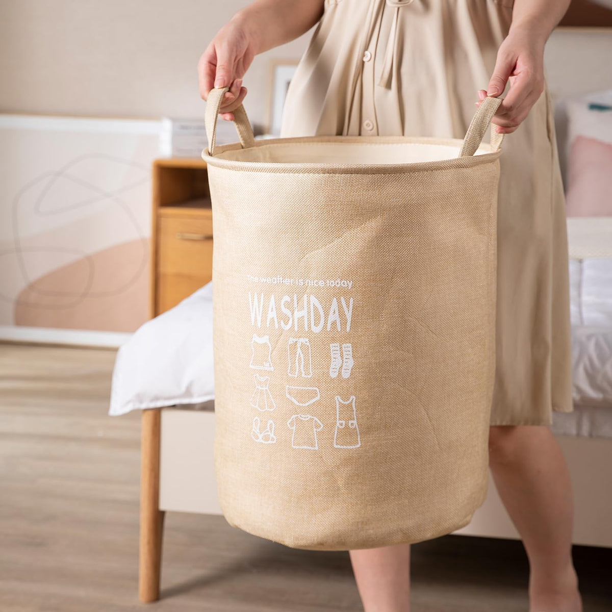Folding Laundry Basket for Clothes, 43L - Beige