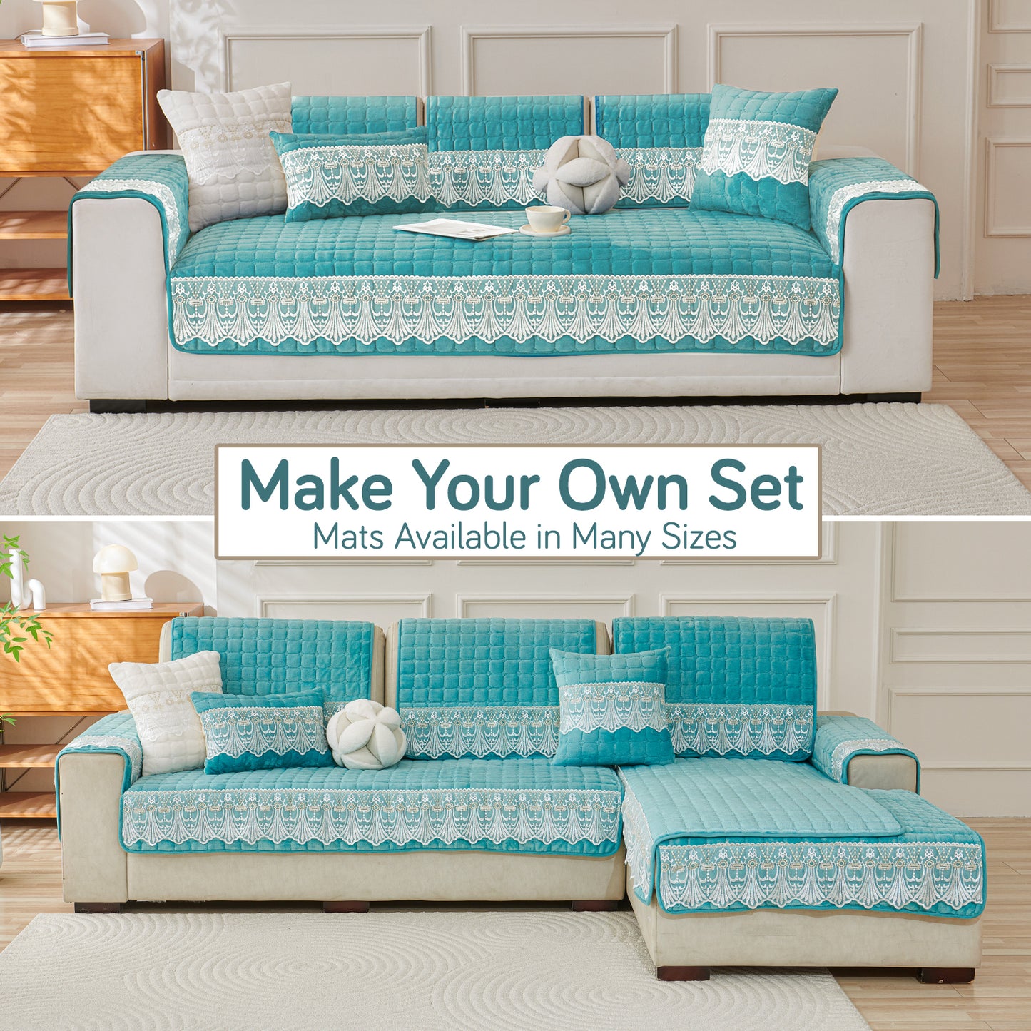 BelleLace Series Imperial Milk Velvet Sofa Cover Mat with Lace Design - Teal