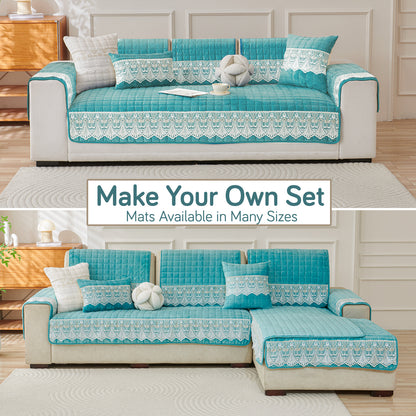 BelleLace Series Imperial Milk Velvet Sofa Cover Mat with Lace Design - Teal