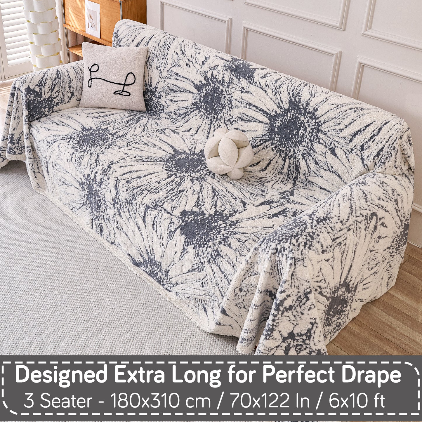 Buy Frost Grey Colour DaisyBloom Series Luxury Plush Sofa Throw – 3 Seater Sofas | HOKIPO