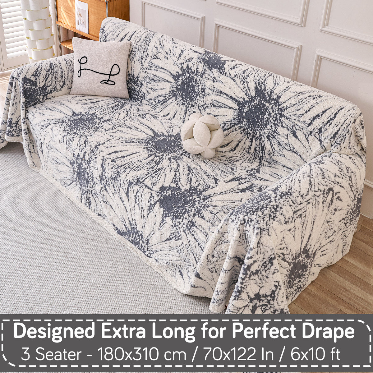 Buy Frost Grey Colour DaisyBloom Series Luxury Plush Sofa Throw – 3 Seater Sofas | HOKIPO
