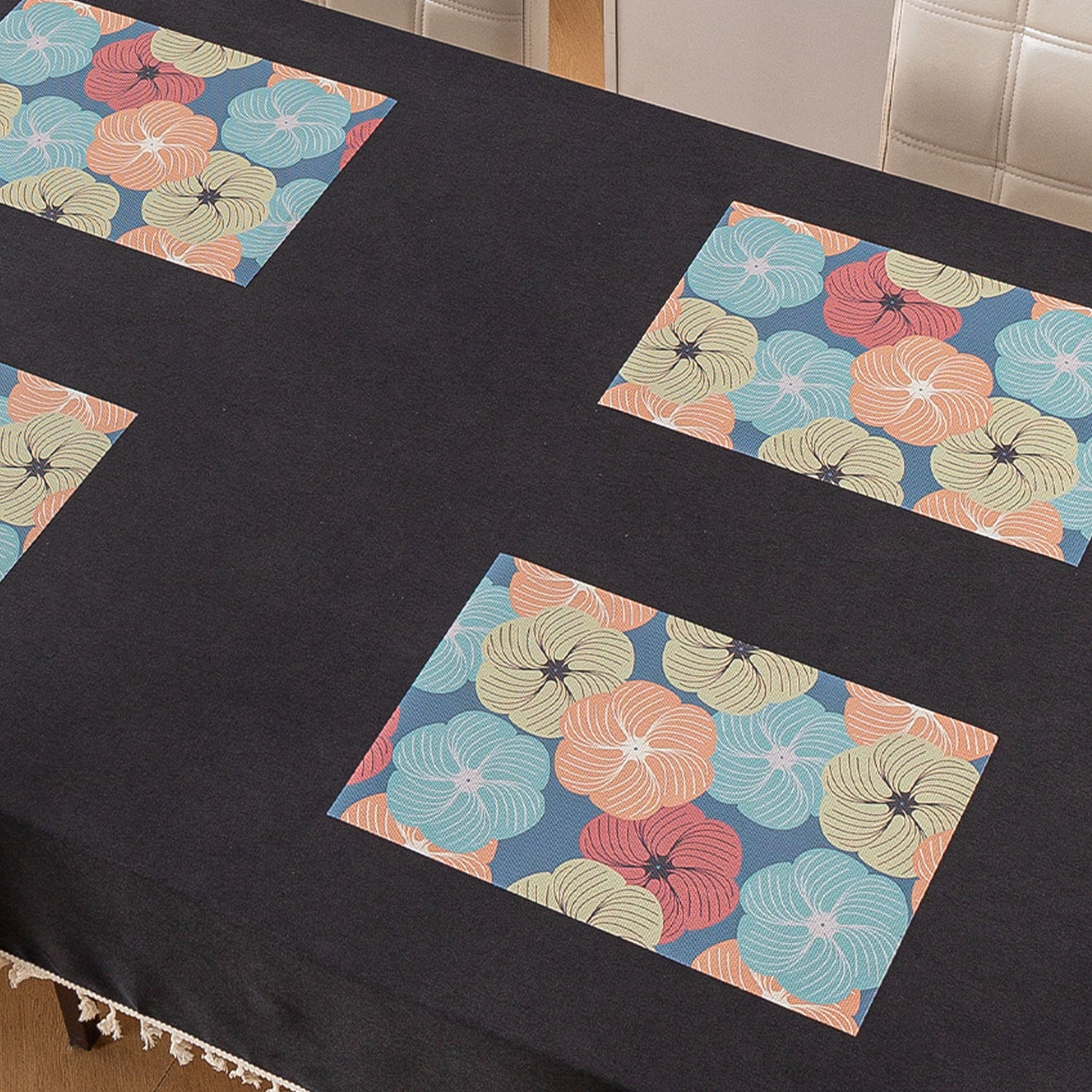 Color Splash PVC Mats for Dining Table, Floral Wheel - Teal Blue