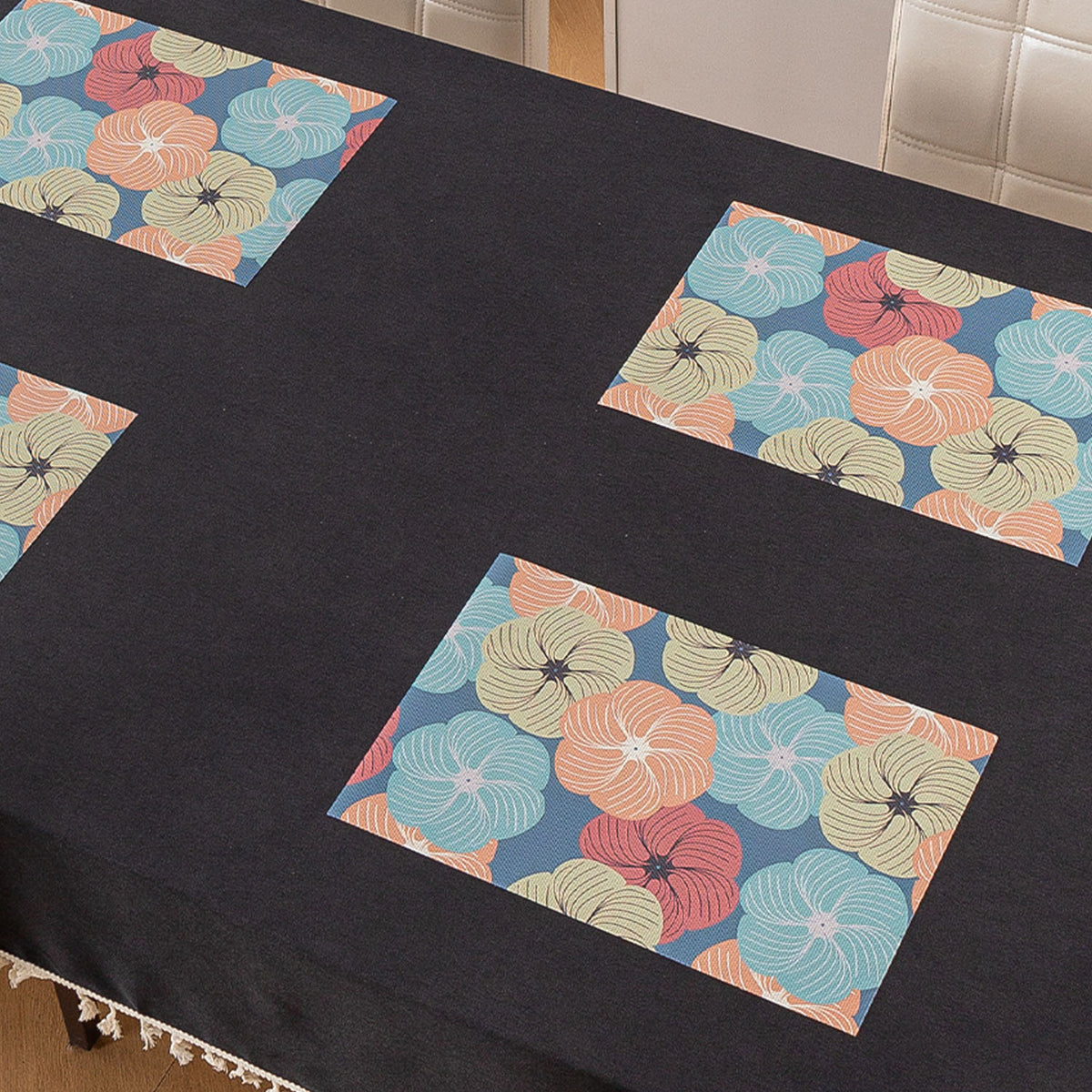 Color Splash PVC Mats for Dining Table, Floral Wheel - Teal Blue