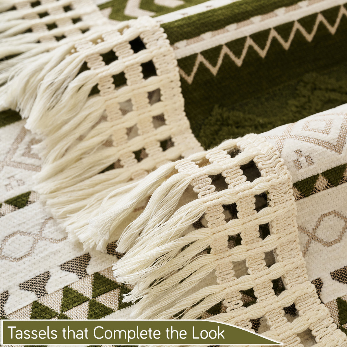 Nordic Boho Geometric Sofa Cover Mat with Tassel, 'Nordic Tassel Series'  Olive Meadow