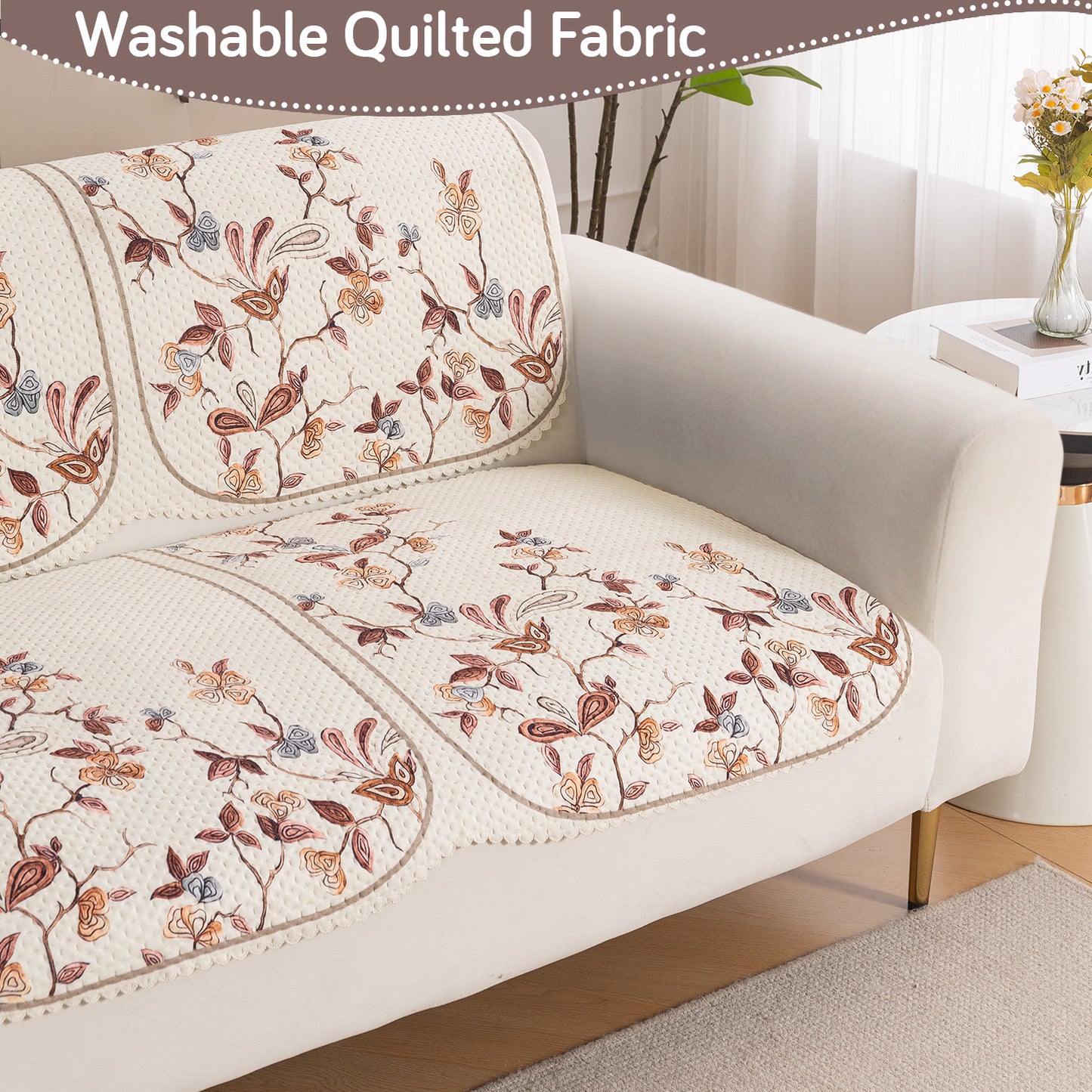 HeavenHue Fleece Soft Touch Quilted Sofa Cover Set – Washable Sofa Panel for Seat & Back - Autumn Whisper