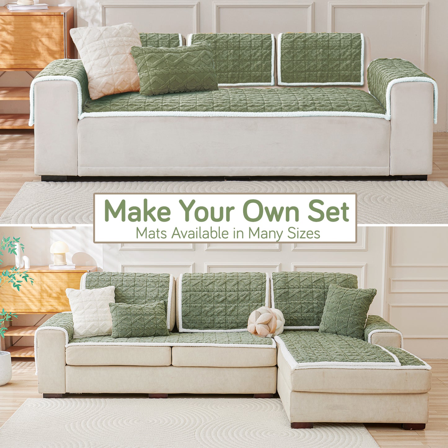 'Italian Caelora' Luxury Jacquard Plush Sofa Cover Mat and Anti-Slip Armrest Covers - Sage Green