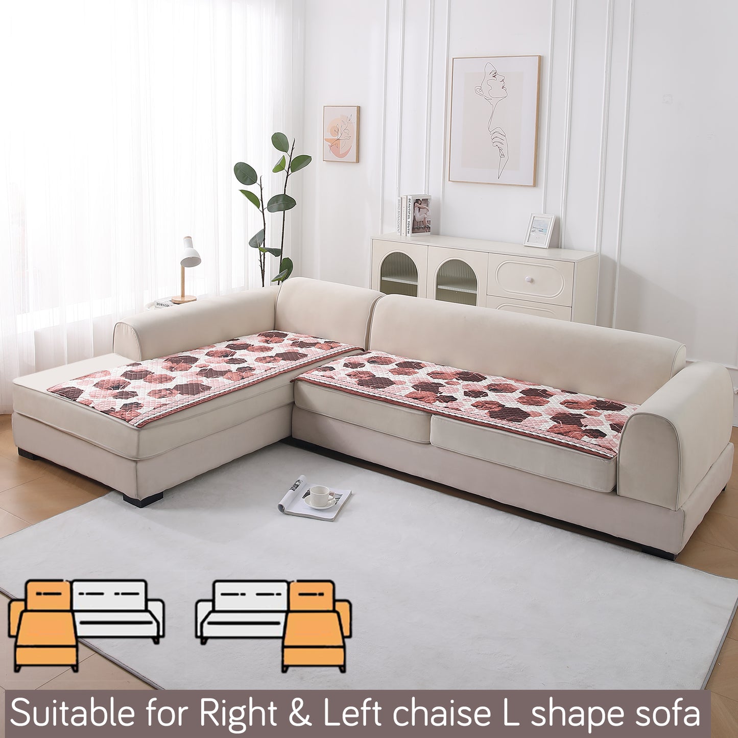 LiefNest Printed Holland Velvet L Shape Sofa Seat Mat with Foam Filling - Geometric Hexagon Cider Red