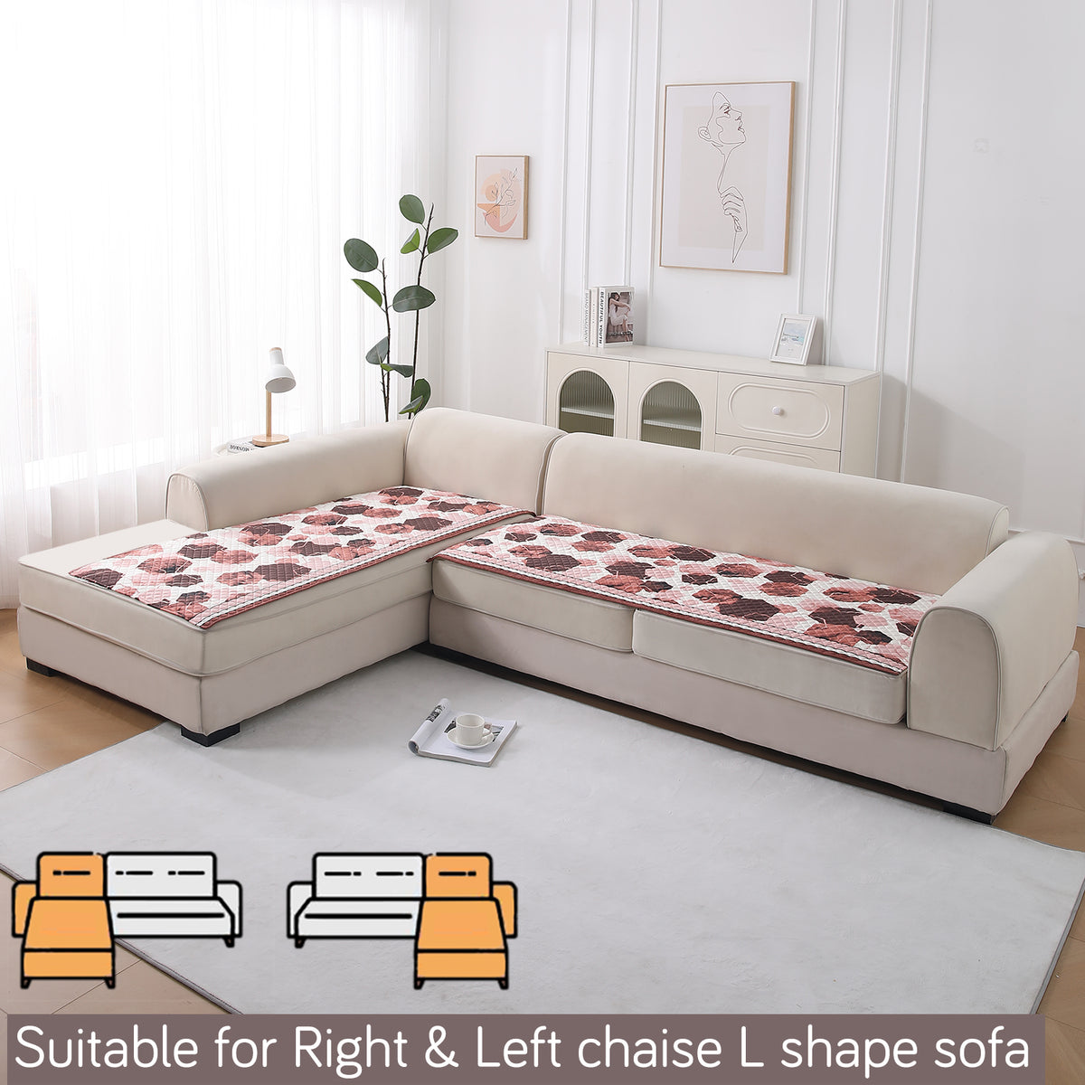 LiefNest Printed Holland Velvet L Shape Sofa Seat Mat with Foam Filling - Geometric Hexagon Cider Red