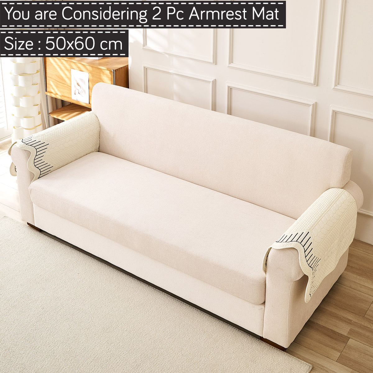 Cotton Reverie with a Curved Wavy Edge Sofa Mat, Midnight Cream