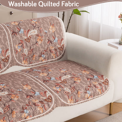 HeavenHue Fleece Soft Touch Quilted Sofa Cover Set Washable Sofa Panel for Seat & Bk - Vintage Bloom