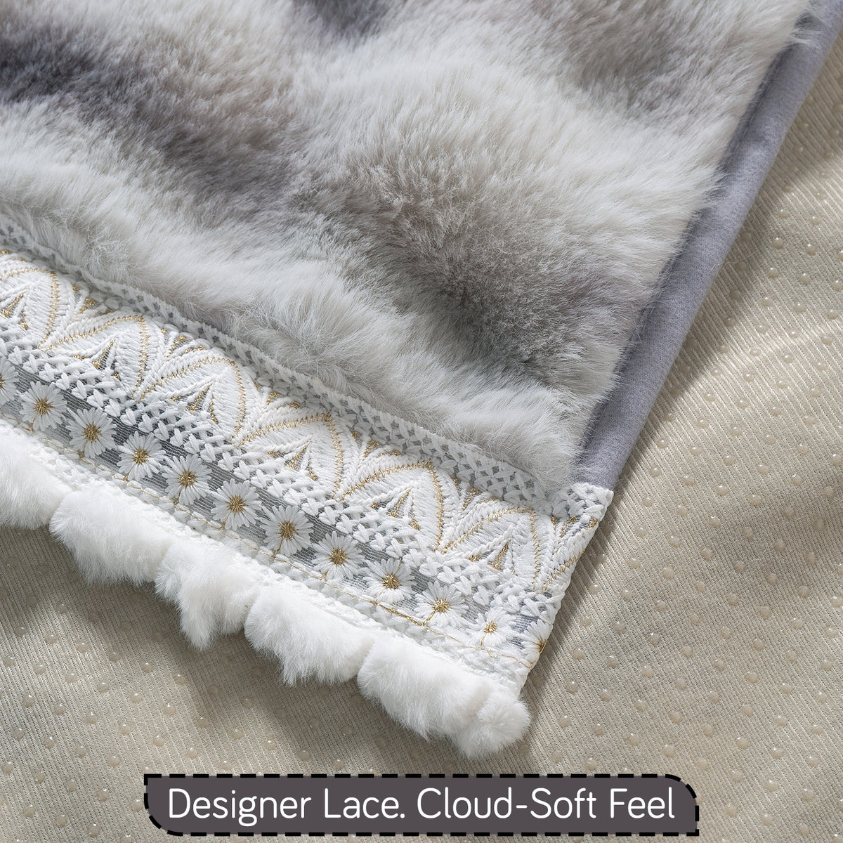 Faux Rabbit Fur Sofa Cover with Lace |Gradient Rabbit Plush, Grey
