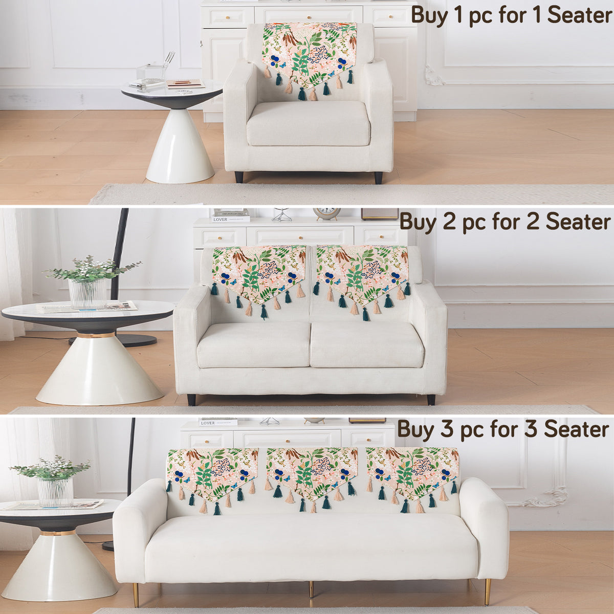 'Whispers of Nature' Series Holland Velvet Sofa Mat with Tassel, Beige Woodland Bloom