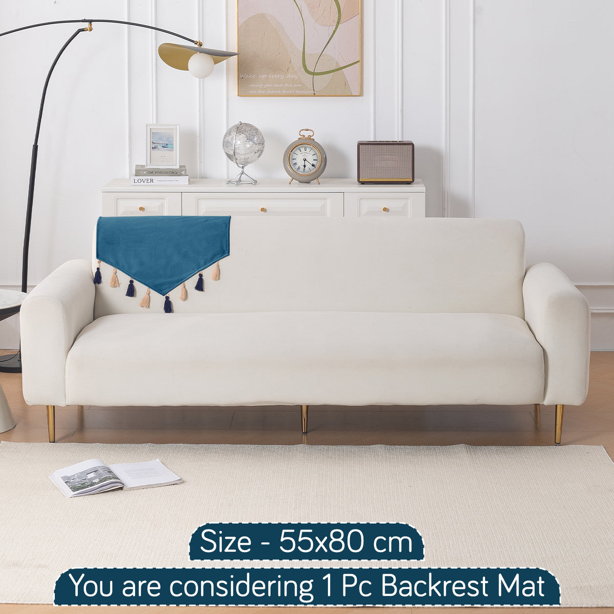 Tassel Tone Holland Velvet Sofa Cover Mat, Sea Blue
