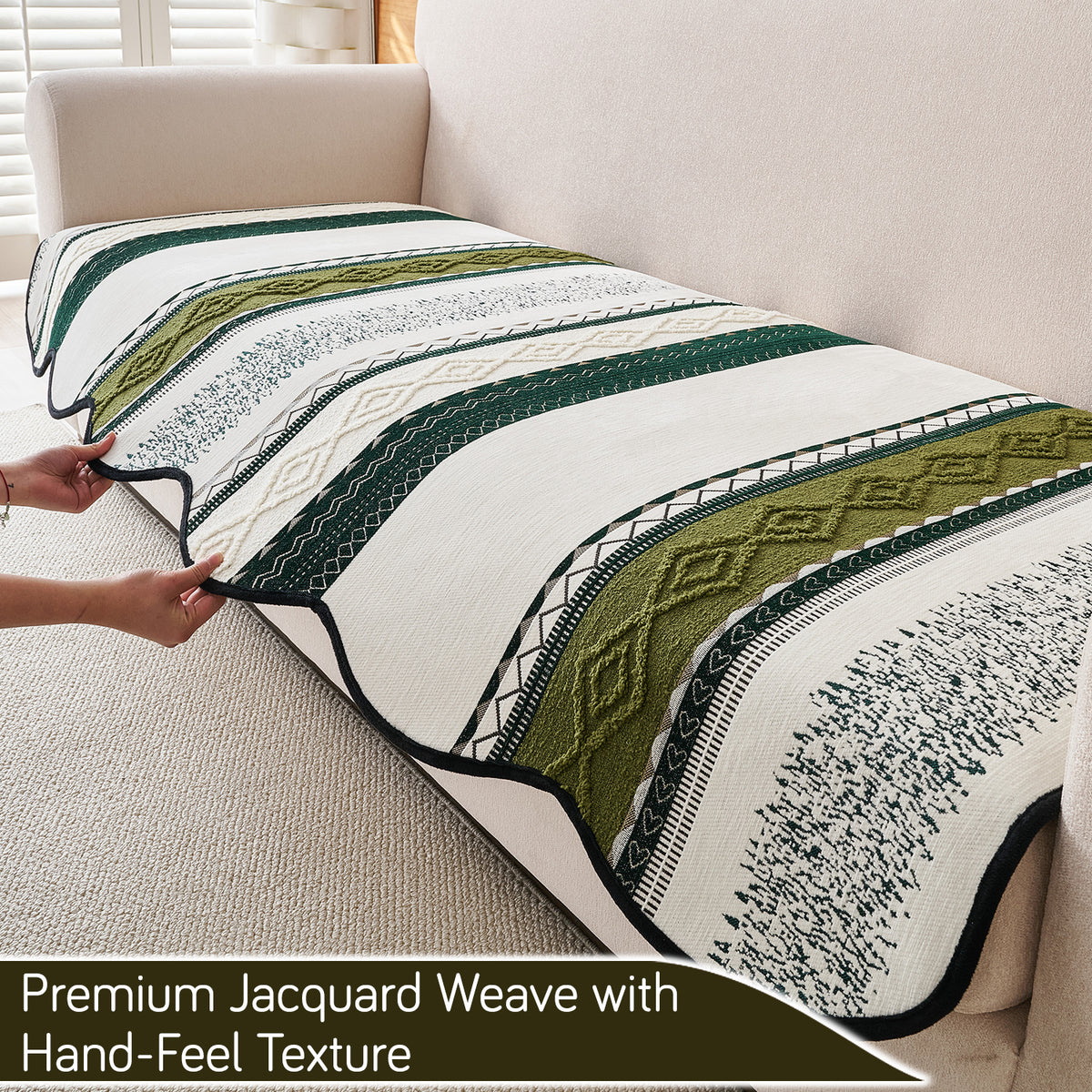 'Valenca Wavy Luxe Series' Boho Geometry Sofa Cover Mat, Moss Green