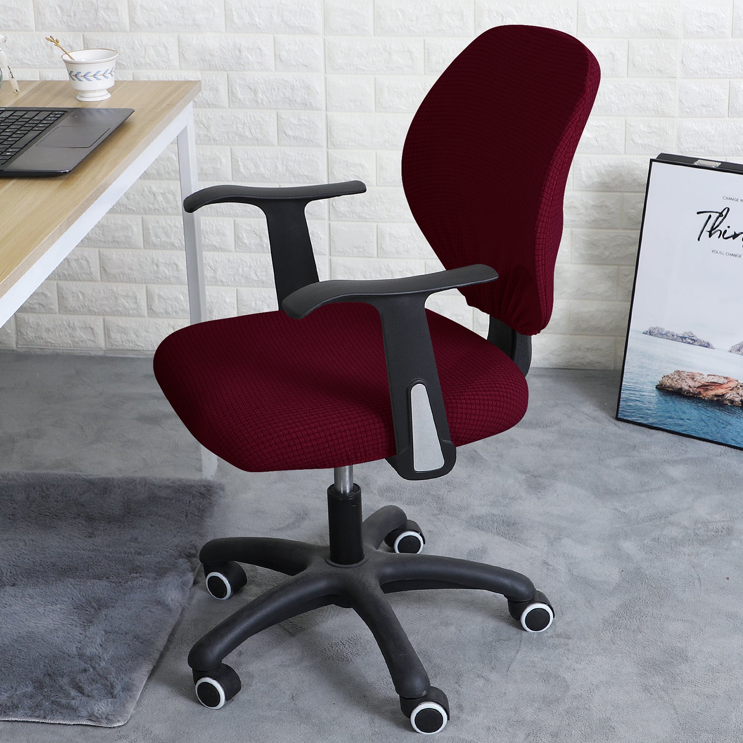 Stretchable Jacquard Office Chair Slipcover for Rotating Chair, Burgundy