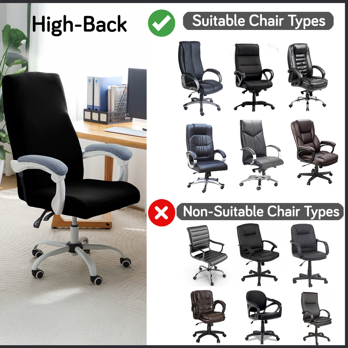 Office Chair Cover for Executive Chair (High-Back) – 140 GSM Stretchable Fabric – Washable & Anti-Slip – Fits Big & Tall Office Chairs, Black