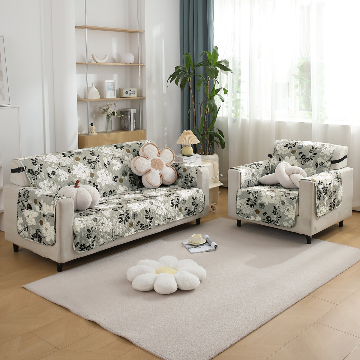 Waterproof & Quick-Dry Quilted Seater Sofa Cover with Pockets on Armrest, Feather Brown Floral