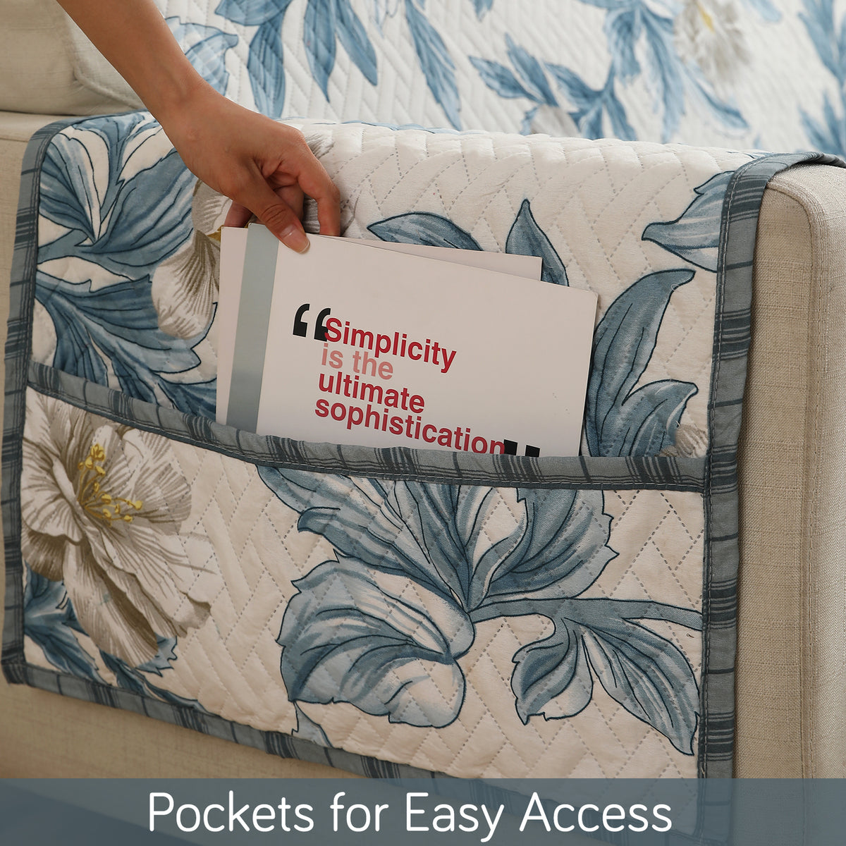Celadon Blue Camellia Printed quilted sofa cover set​ with handy side pocket