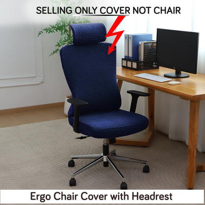 Office Chair Cover with Headrest (High-Back) – 170 GSM Stretch Jacquard – Washable, Anti-Slip Fit for Ergonomic Mesh Office Chairs, Navy Blue