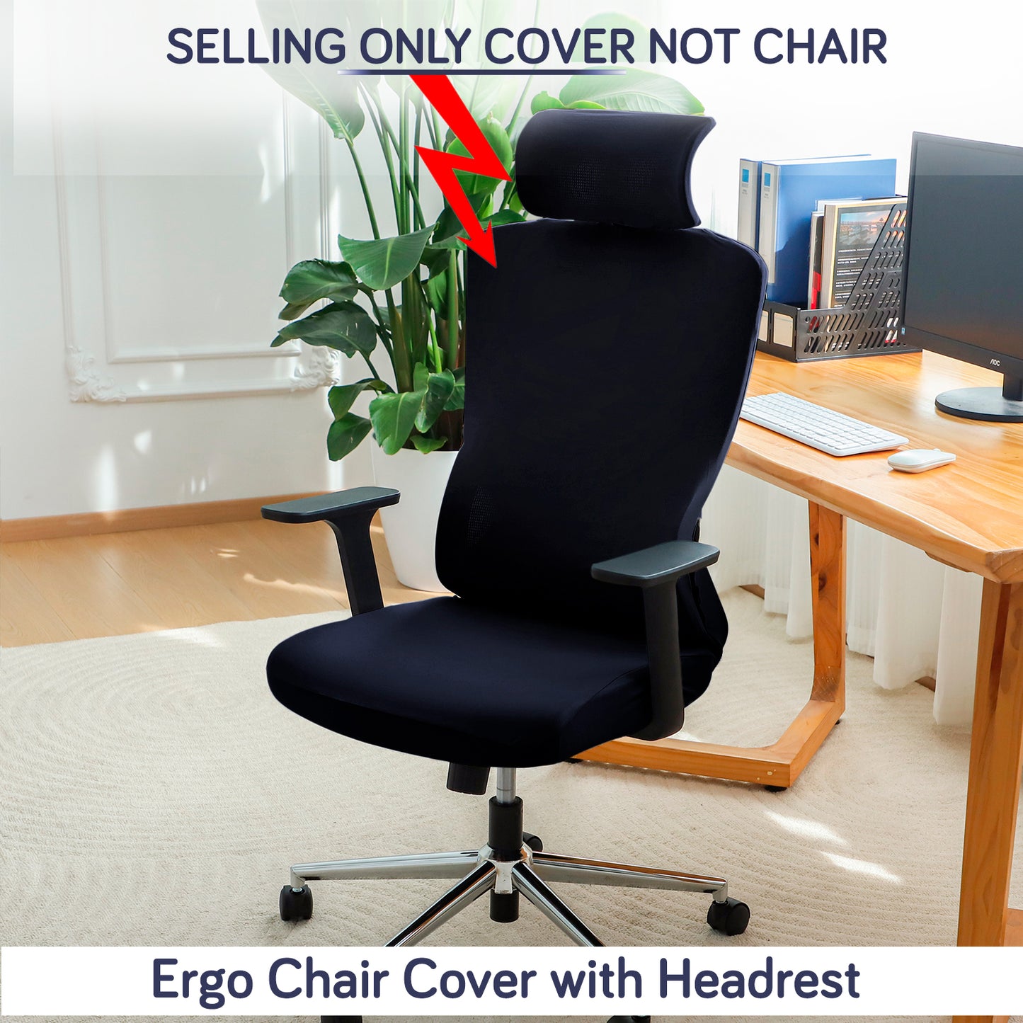 Office Chair Cover with Headrest (High-Back) – 140 GSM Stretch Fabric – Washable, Anti-Slip Fit for Ergonomic Mesh Office Chairs, Navy Blue