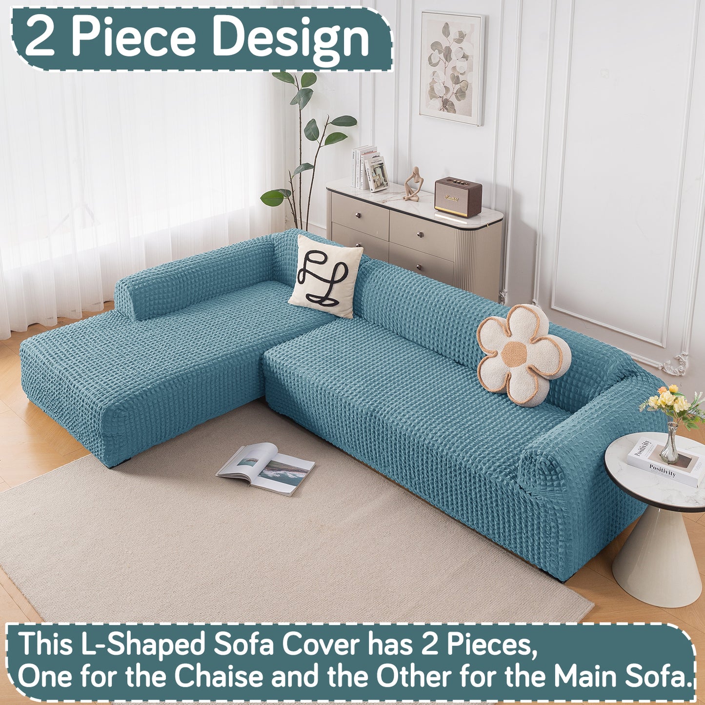 Aria Nova Bubble 2-Piece Stretchable L Shape Sofa Cover with Left Chaise, Tropical Teal