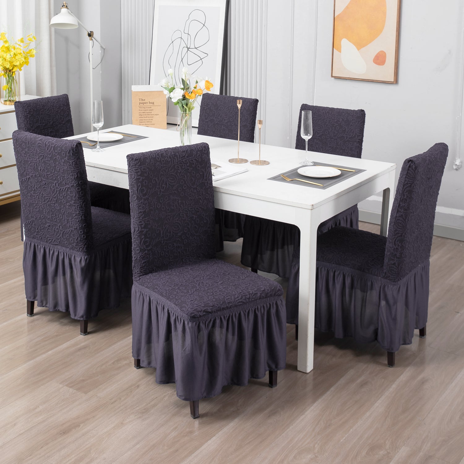 Elastic Stretchable Designer Woven Jacquard Dining Chair Cover with Frill, Abbey Grey