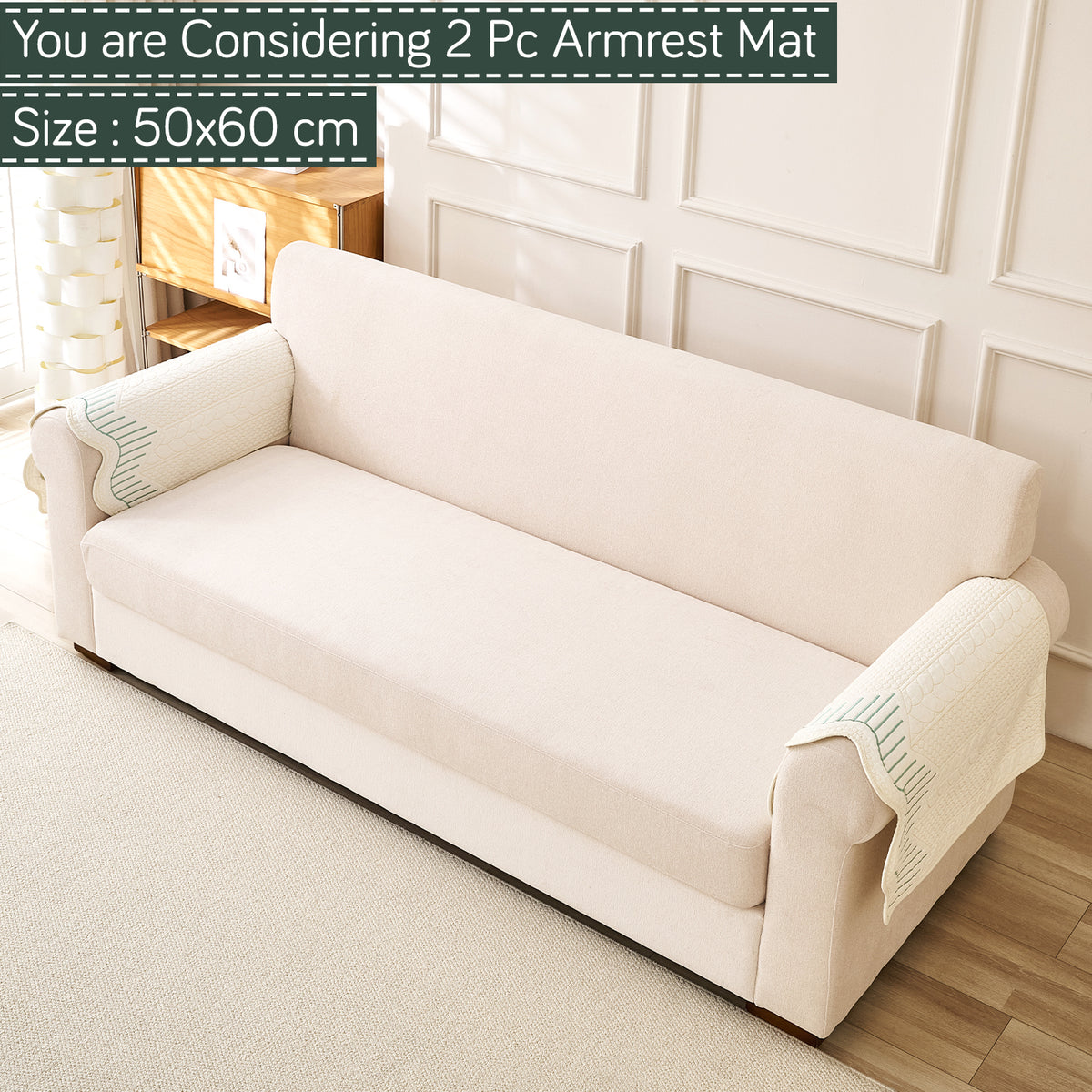 Cotton Reverie with a Curved Wavy Edge Sofa Mat, Greenish Cream