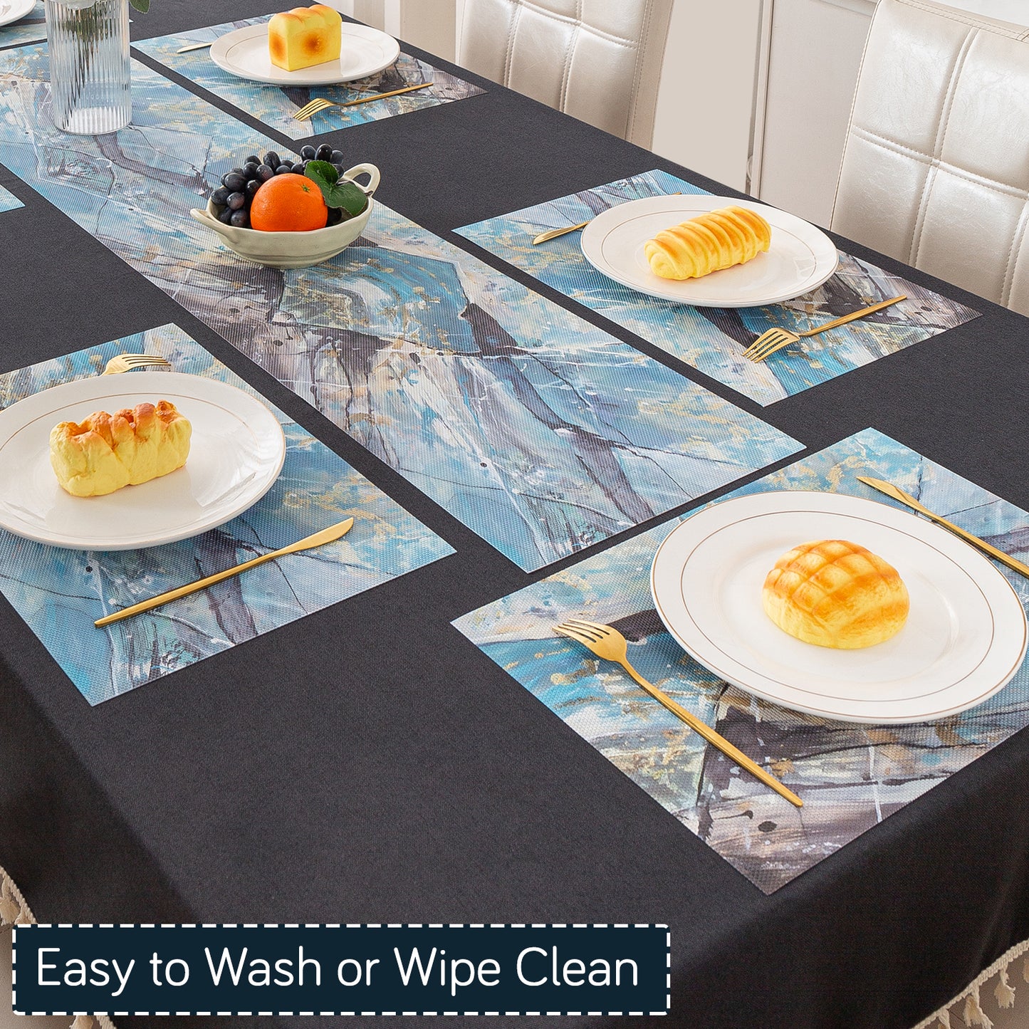 Marble Fusion PVC Mats for Dining Table, Artistic Stroke - Slate Blue