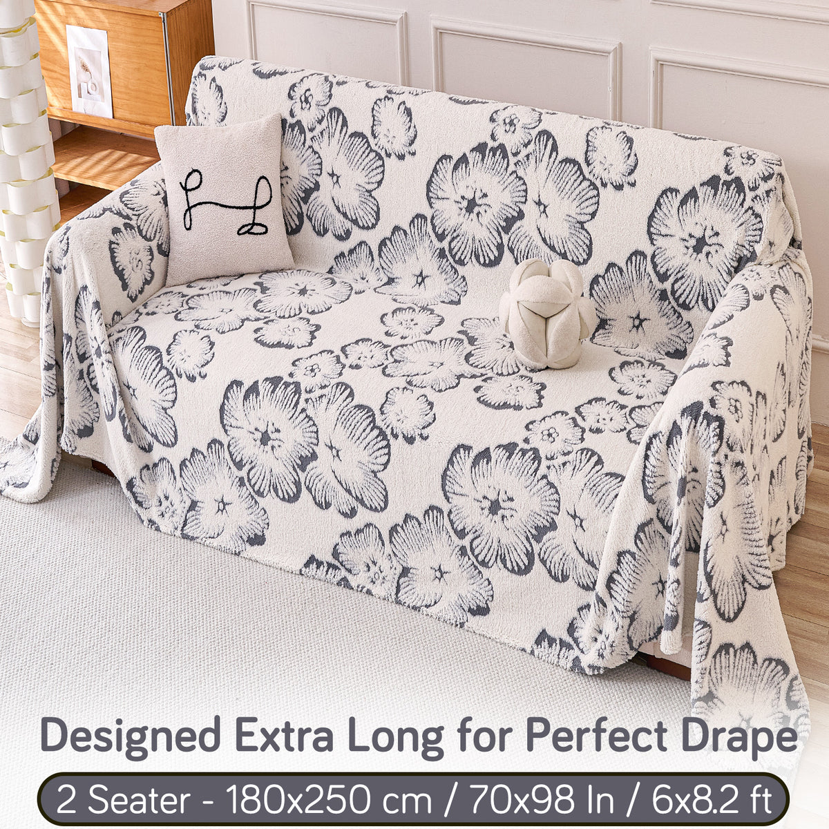 Buy Pearl Grey Colour Camellia Blossom Luxury Plush Sofa Throw – 2 Seater Sofa | HOKIPO