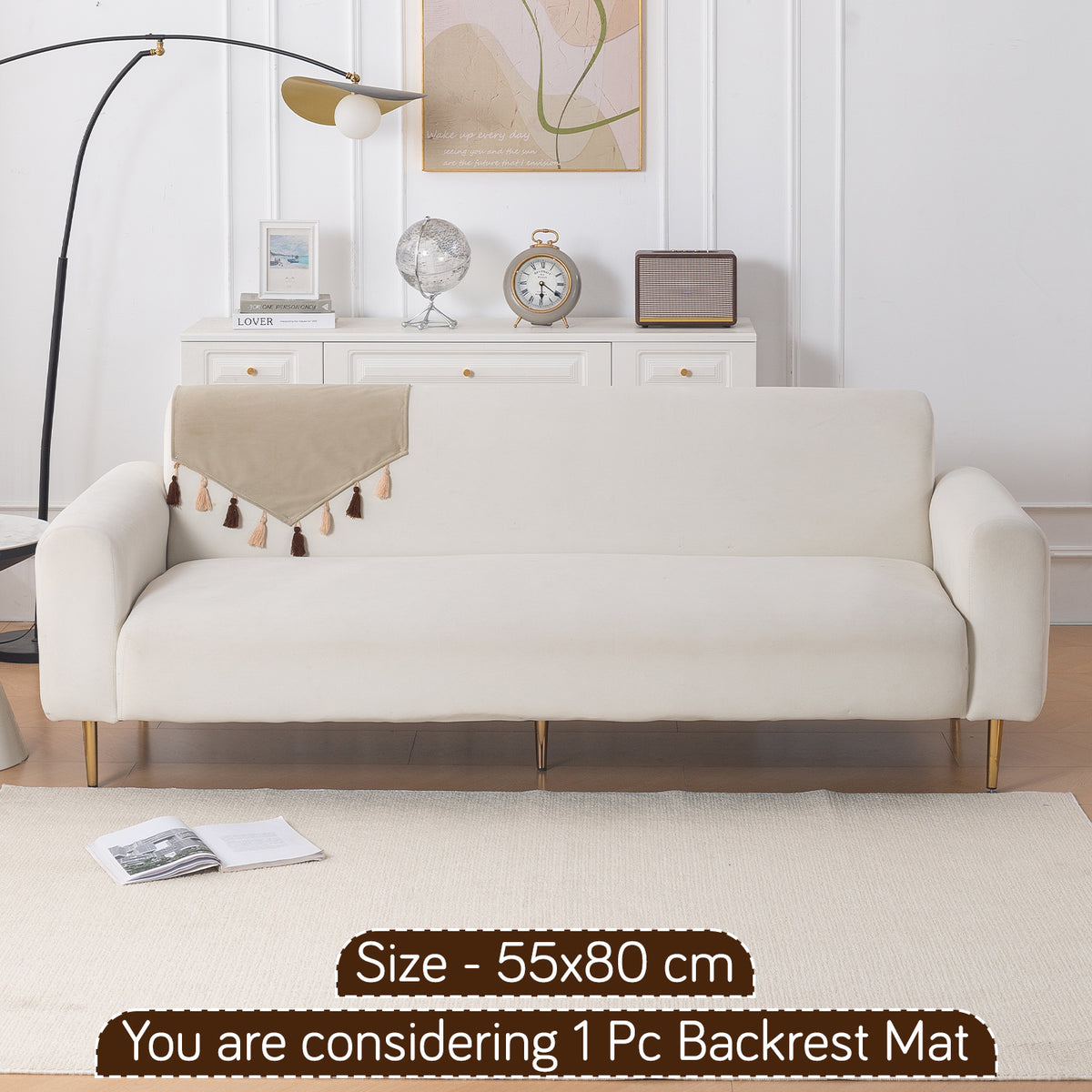 Tassel Tone Holland Velvet Sofa Cover Mat, Sand Beige