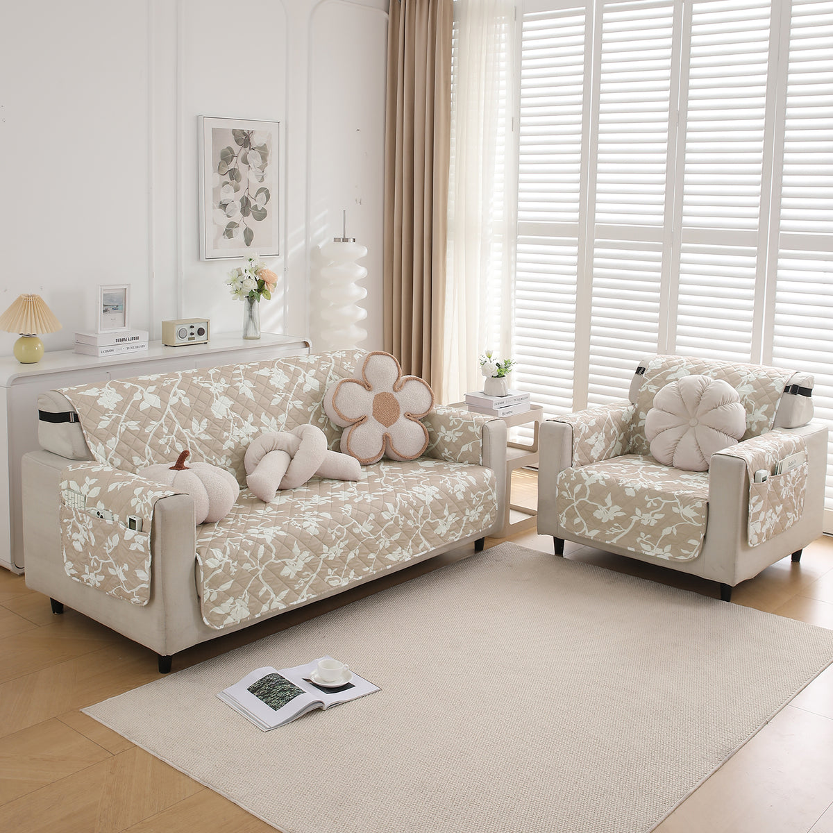 Waterproof & Quick-Dry Quilted Sofa Cover with Pockets on Armrest, Buff Brown Sillehoute Floral