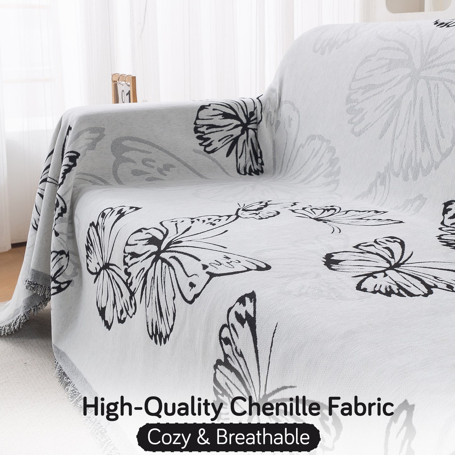 Premium 320 GSM Chenille Sofa Cover Throw All Season 'Serene Abode Series', Monochrome Butterfly