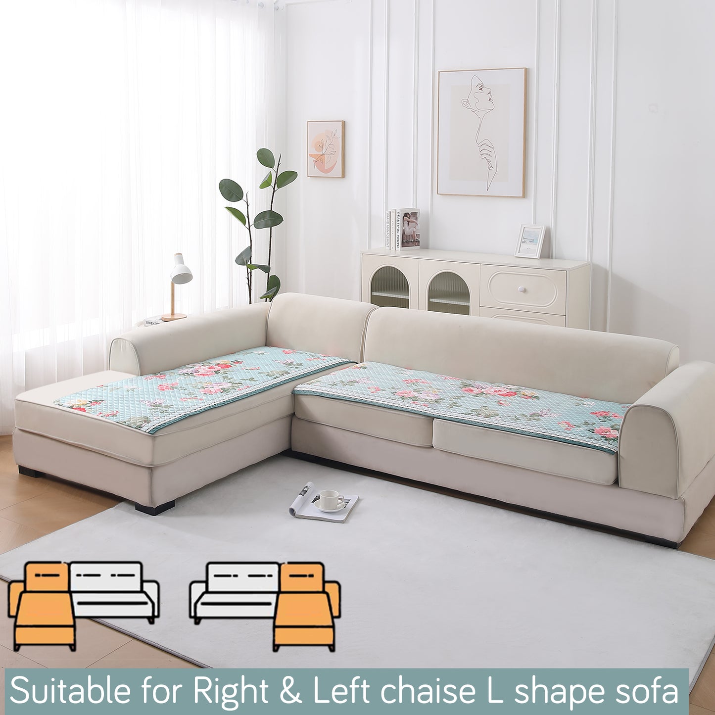 LiefNest Printed Holland Velvet L Shape Sofa Seat Mat with Foam Filling - Fresh Floral Pastel Blue