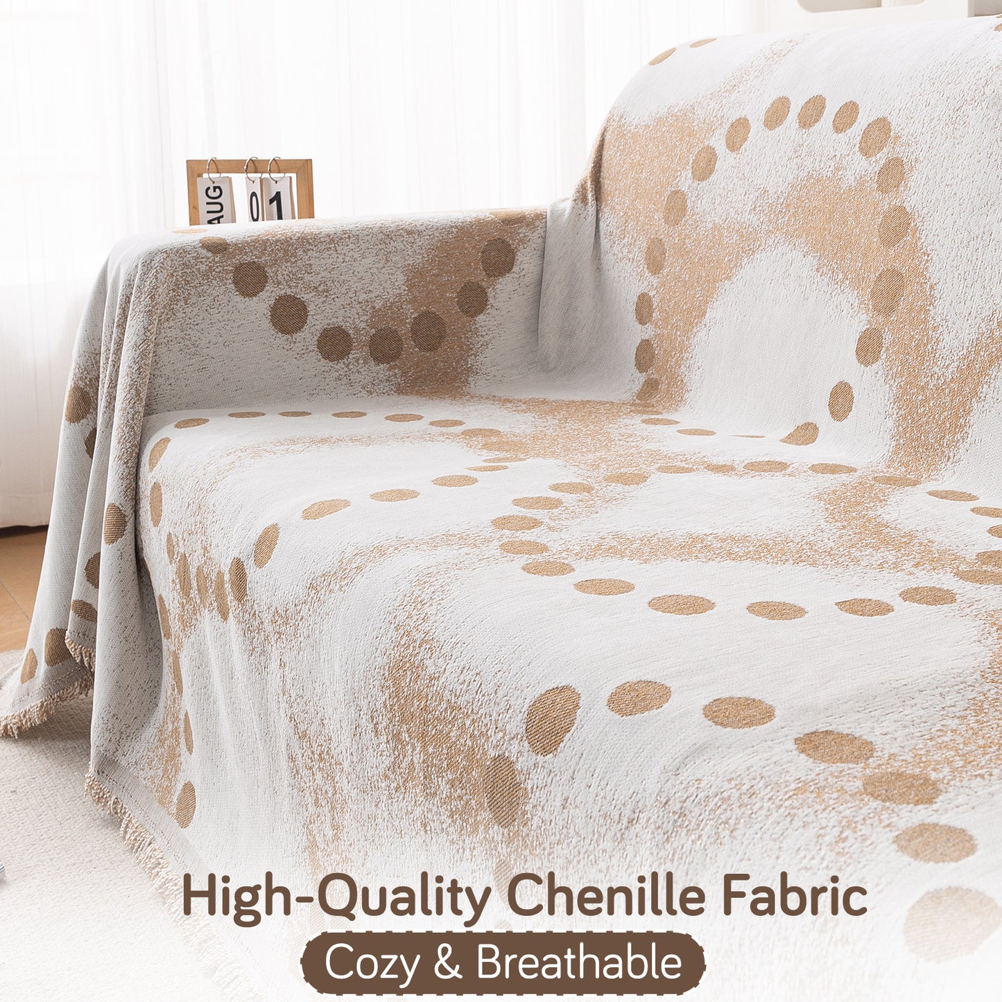 HOKIPO Premium 320 GSM Chenille Sofa Cover All Season 'Serene Abode Series', Latte Dotted Wave