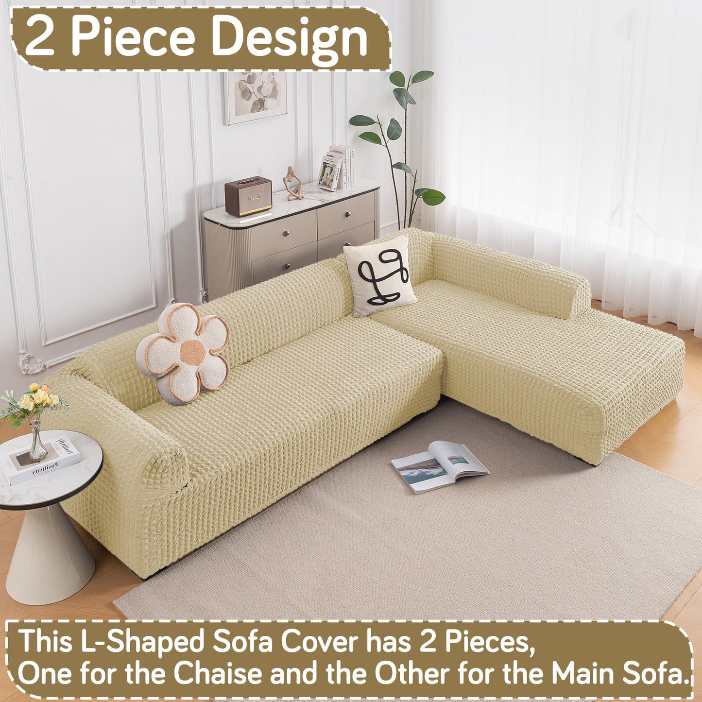 Aria Nova Bubble 2-Piece Stretchable L Shape Sofa Cover with Right Chaise, Beige