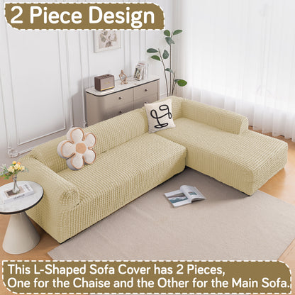 Aria Nova Bubble 2-Piece Stretchable L Shape Sofa Cover with Right Chaise, Beige